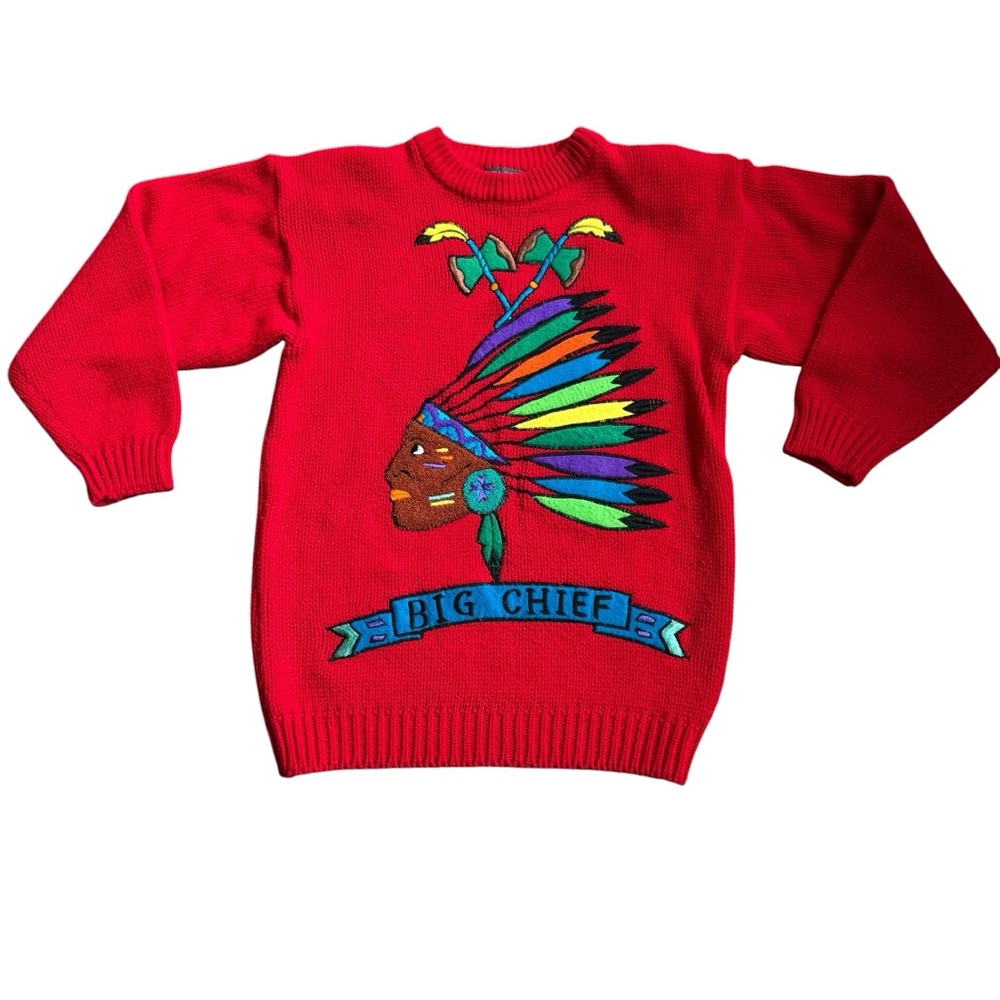 VTG 80/90s Native American Big Chief Head Crewneck Sweater Sz L Knit Gitano